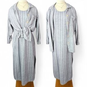 Picante Cotton Two Piece Midi Dress Set with Button Down in Blue and White Sz M